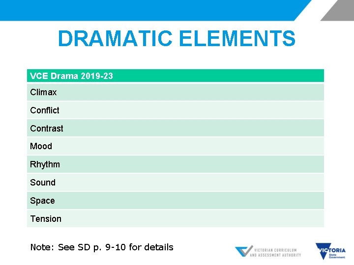 DRAMATIC ELEMENTS VCE Drama 2019 -23 Climax Conflict Contrast Mood Rhythm Sound Space Tension