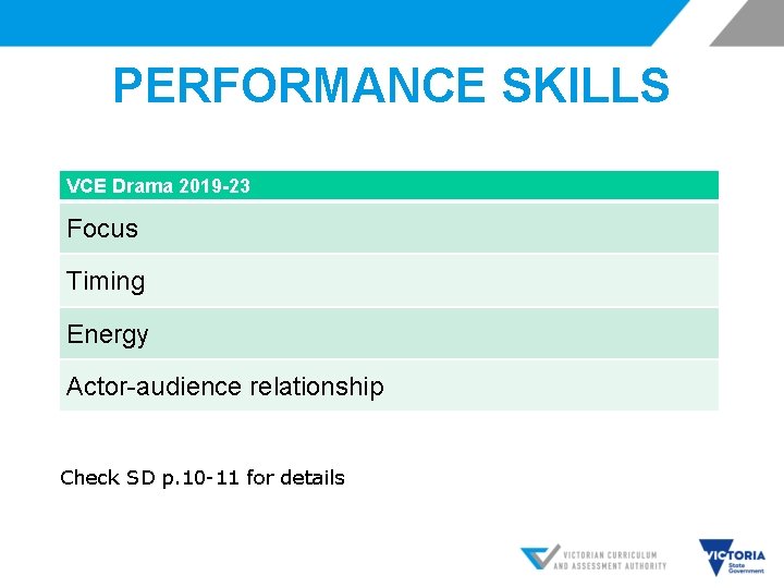 PERFORMANCE SKILLS VCE Drama 2019 -23 Focus Timing Energy Actor-audience relationship Check SD p.