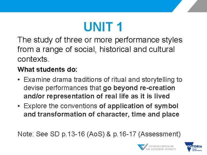 UNIT 1 The study of three or more performance styles from a range of