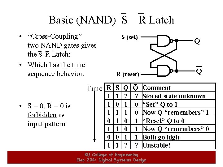 Basic (NAND) S – R Latch • “Cross-Coupling” two NAND gates gives the S