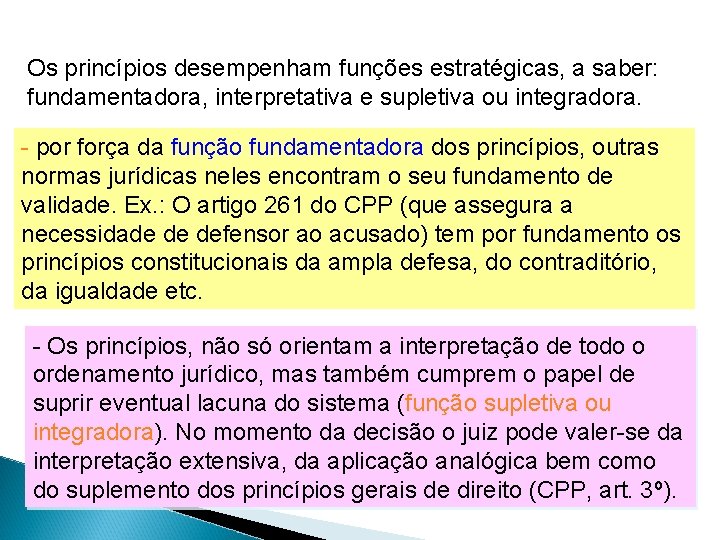 Os princípios desempenham funções estratégicas, a saber: fundamentadora, interpretativa e supletiva ou integradora. - Os princípios desempenham funções estratégicas, a saber: fundamentadora, interpretativa e supletiva ou integradora. -