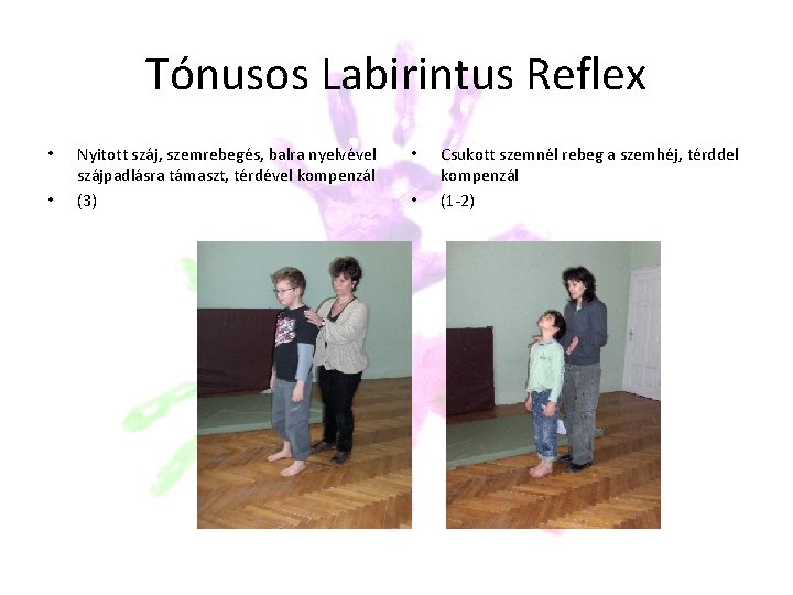 Tónusos Labirintus Reflex • • Nyitott száj, szemrebegés, balra nyelvével szájpadlásra támaszt, térdével kompenzál Tónusos Labirintus Reflex • • Nyitott száj, szemrebegés, balra nyelvével szájpadlásra támaszt, térdével kompenzál
