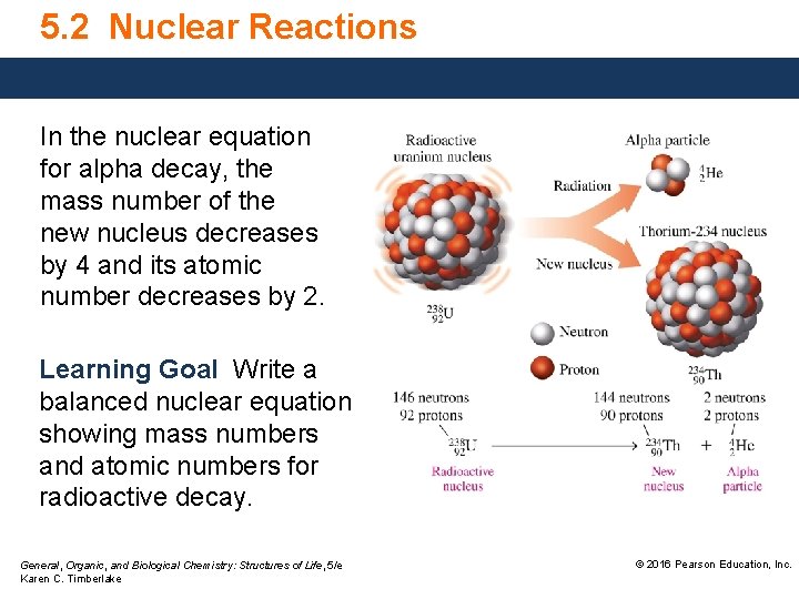 5. 2 Nuclear Reactions In the nuclear equation for alpha decay, the mass number