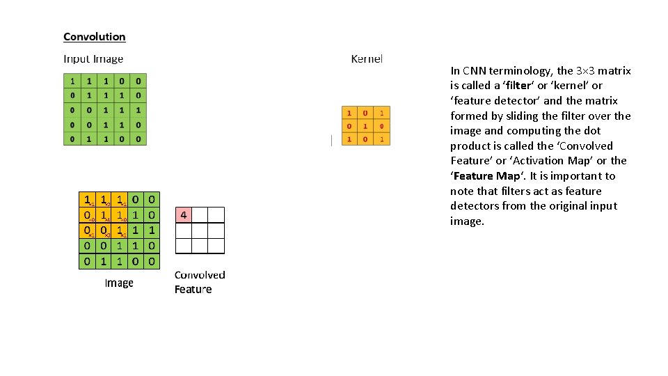 In CNN terminology, the 3× 3 matrix is called a ‘filter‘ or ‘kernel’ or