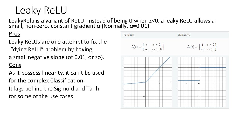 Leaky Re. LU Leaky. Relu is a variant of Re. LU. Instead of being