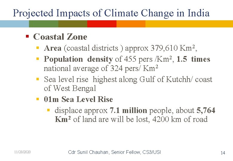 Projected Impacts of Climate Change in India § Coastal Zone § Area (coastal districts