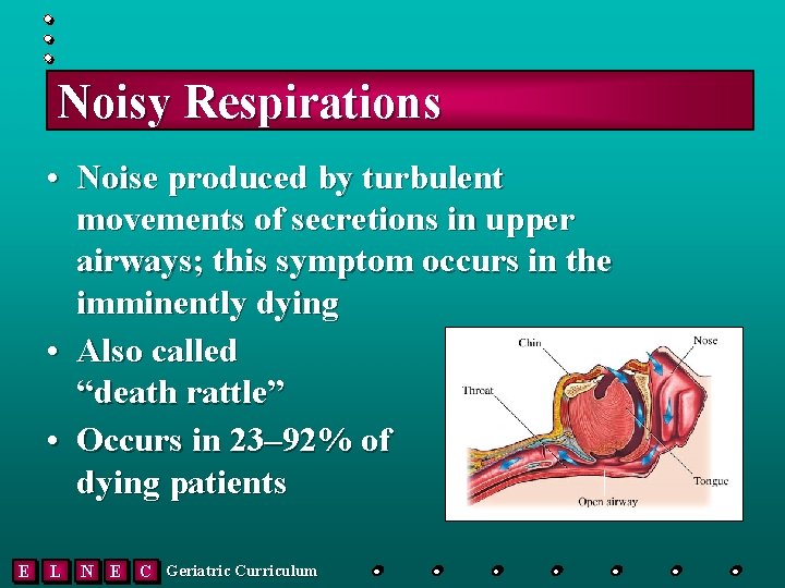 Noisy Respirations • Noise produced by turbulent movements of secretions in upper airways; this