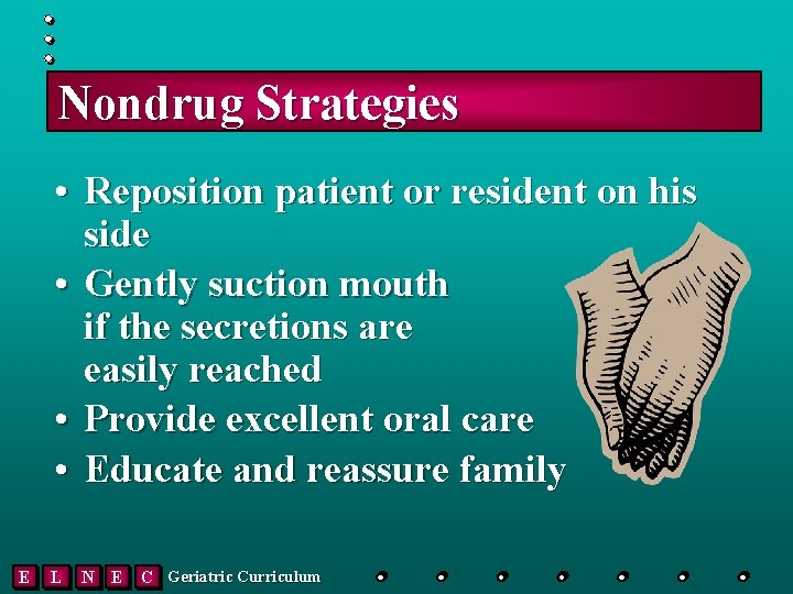 Nondrug Strategies • Reposition patient or resident on his side • Gently suction mouth