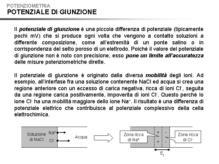 POTENZIOMETRIA POTENZIALE DI GIUNZIONE Il potenziale di giunzione è una piccola differenza di potenziale