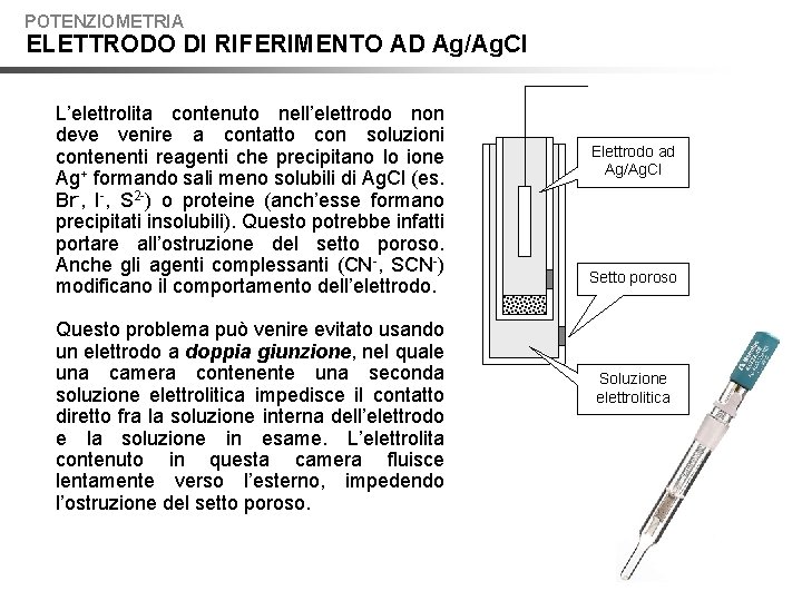 POTENZIOMETRIA ELETTRODO DI RIFERIMENTO AD Ag/Ag. Cl L’elettrolita contenuto nell’elettrodo non deve venire a