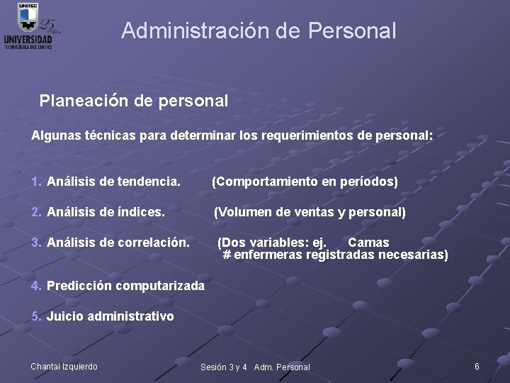 Administración de Personal Planeación de personal Algunas técnicas para determinar los requerimientos de personal: