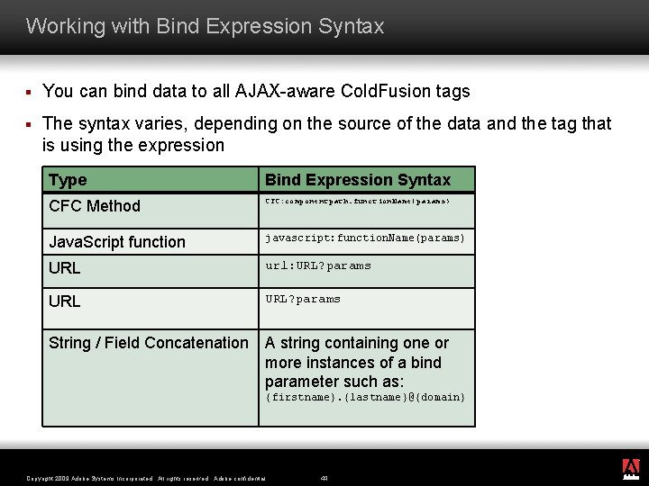 Working with Bind Expression Syntax § You can bind data to all AJAX-aware Cold.