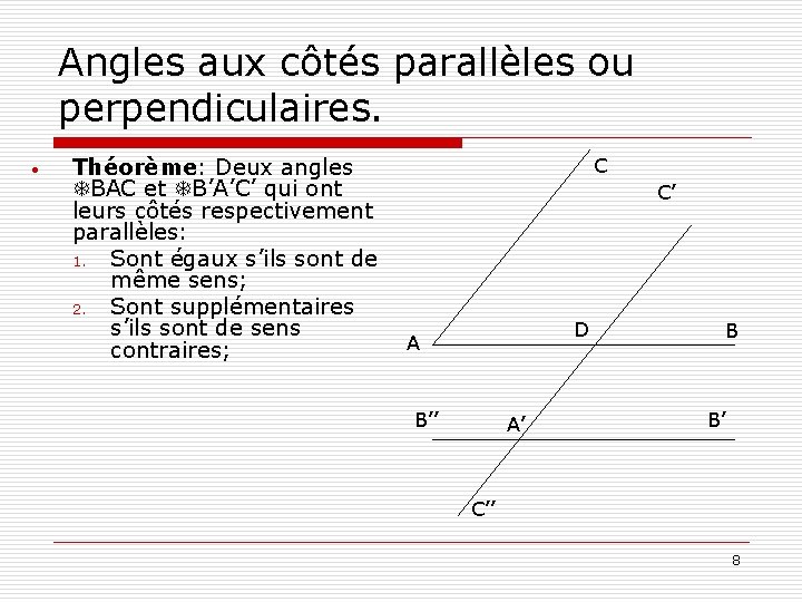 Angles aux côtés parallèles ou perpendiculaires. • Théorème: Deux angles TBAC et TB’A’C’ qui