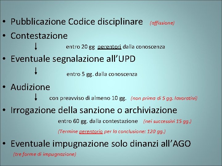  • Pubblicazione Codice disciplinare (affissione) • Contestazione entro 20 gg perentori dalla conoscenza