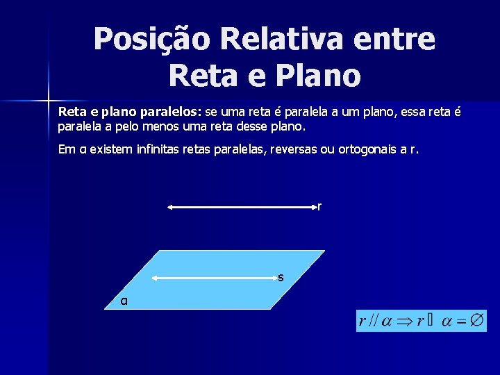 Posição Relativa entre Reta e Plano Reta e plano paralelos: se uma reta é
