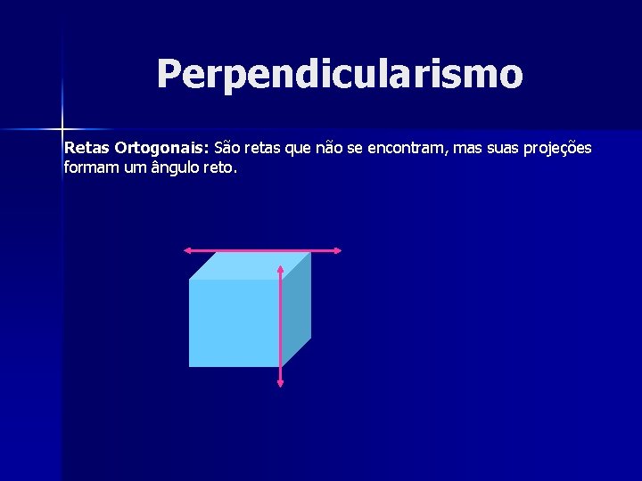 Perpendicularismo Retas Ortogonais: São retas que não se encontram, mas suas projeções formam um