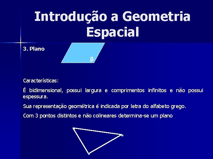 Introdução a Geometria Espacial 3. Plano β Características: É bidimensional, possui largura e comprimentos