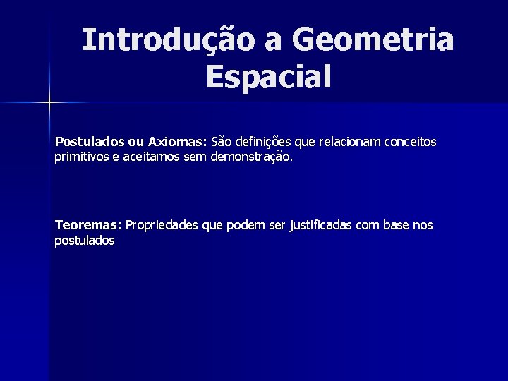 Introdução a Geometria Espacial Postulados ou Axiomas: São definições que relacionam conceitos primitivos e