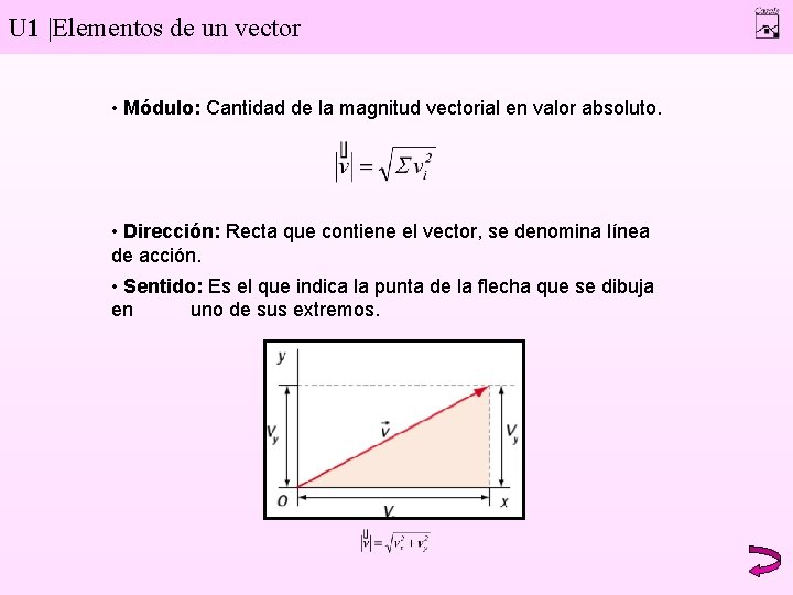 U 1 |Elementos de un vector • Módulo: Cantidad de la magnitud vectorial en