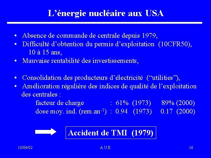 L’énergie nucléaire aux USA • Absence de commande de centrale depuis 1979, • Difficulté
