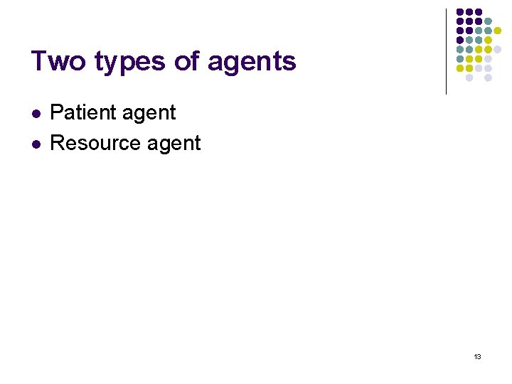 Two types of agents l l Patient agent Resource agent 13 