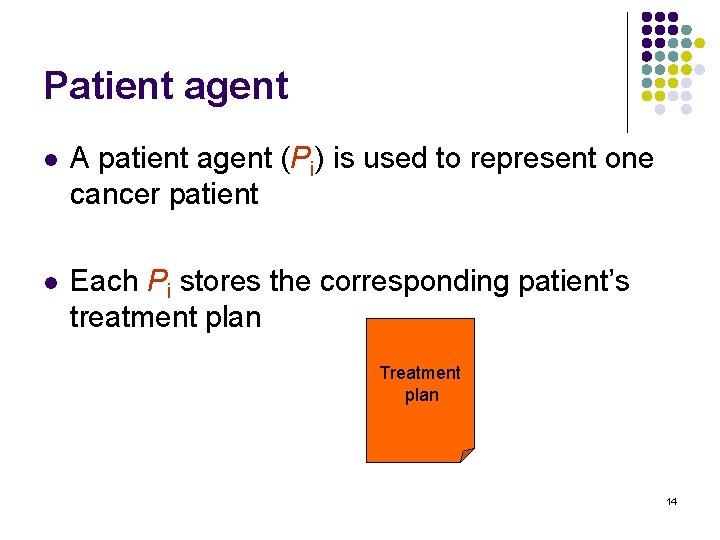 Patient agent l A patient agent (Pi) is used to represent one cancer patient