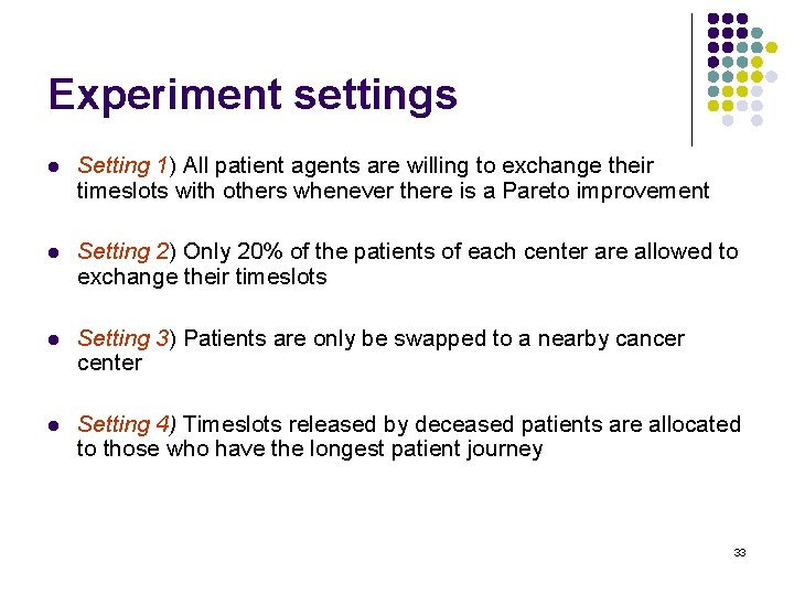 Experiment settings l Setting 1) All patient agents are willing to exchange their timeslots
