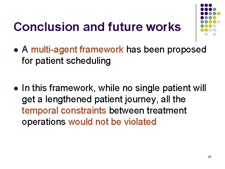 Conclusion and future works l A multi-agent framework has been proposed for patient scheduling