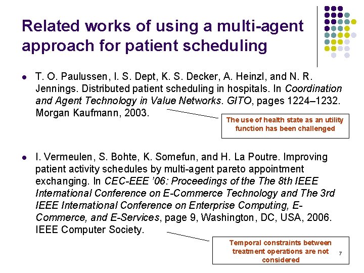 Related works of using a multi-agent approach for patient scheduling l T. O. Paulussen,