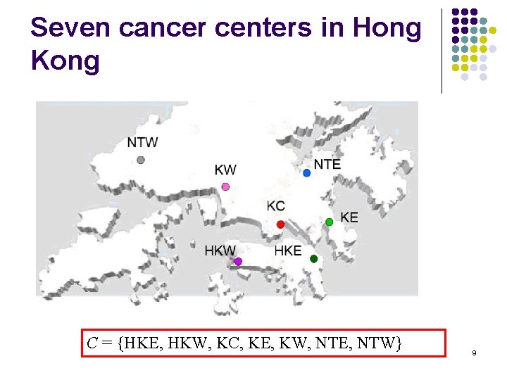 Seven cancer centers in Hong Kong C = {HKE, HKW, KC, KE, KW, NTE,
