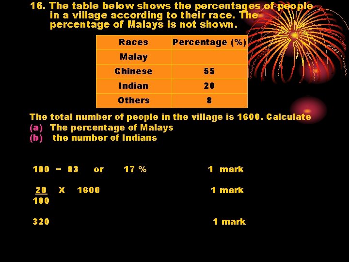 16. The table below shows the percentages of people in a village according to