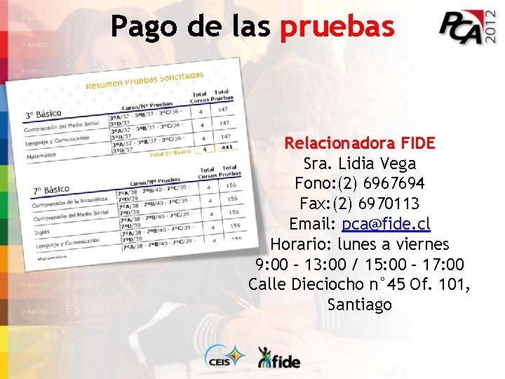 Pago de las pruebas Relacionadora FIDE Sra. Lidia Vega Fono: (2) 6967694 Fax: (2)