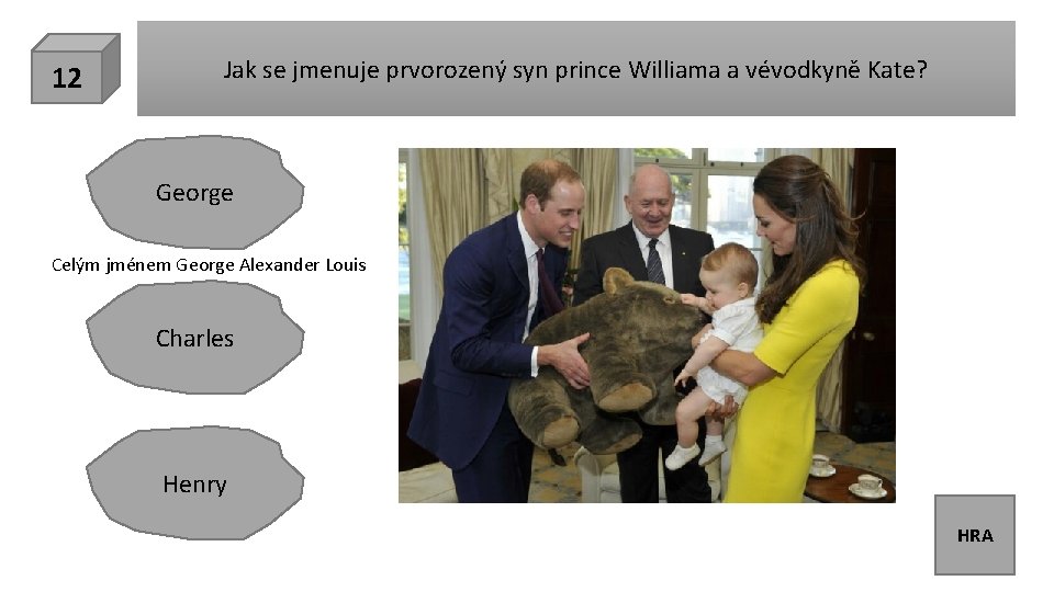 12 Jak se jmenuje prvorozený syn prince Williama a vévodkyně Kate? George Celým jménem