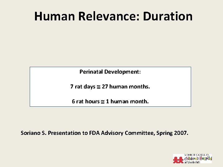 Human Relevance: Duration Perinatal Development: 7 rat days 27 human months. 6 rat hours