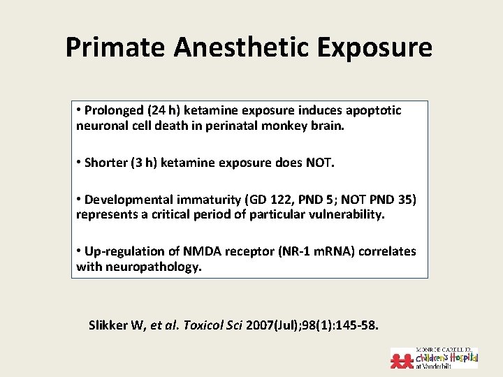 Primate Anesthetic Exposure • Prolonged (24 h) ketamine exposure induces apoptotic neuronal cell death