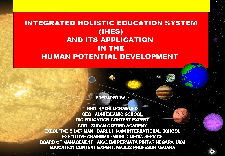 INTEGRATED HOLISTIC EDUCATION SYSTEM (IHES) AND ITS APPLICATION IN THE HUMAN POTENTIAL DEVELOPMENT PREPARED