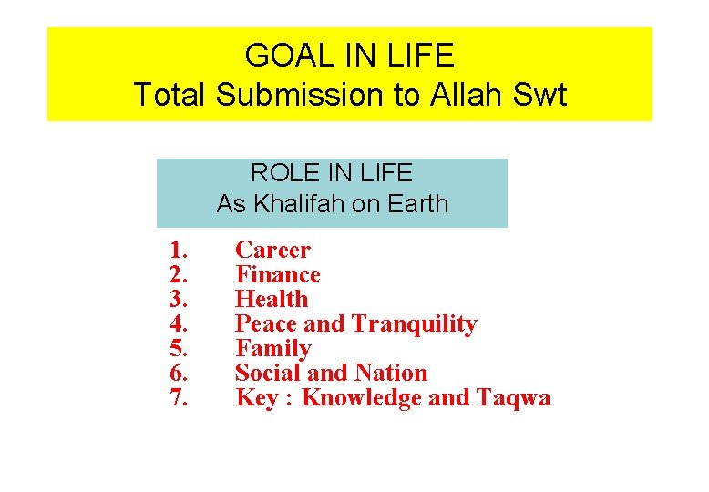 GOAL IN LIFE Total Submission to Allah Swt ROLE IN LIFE As Khalifah on