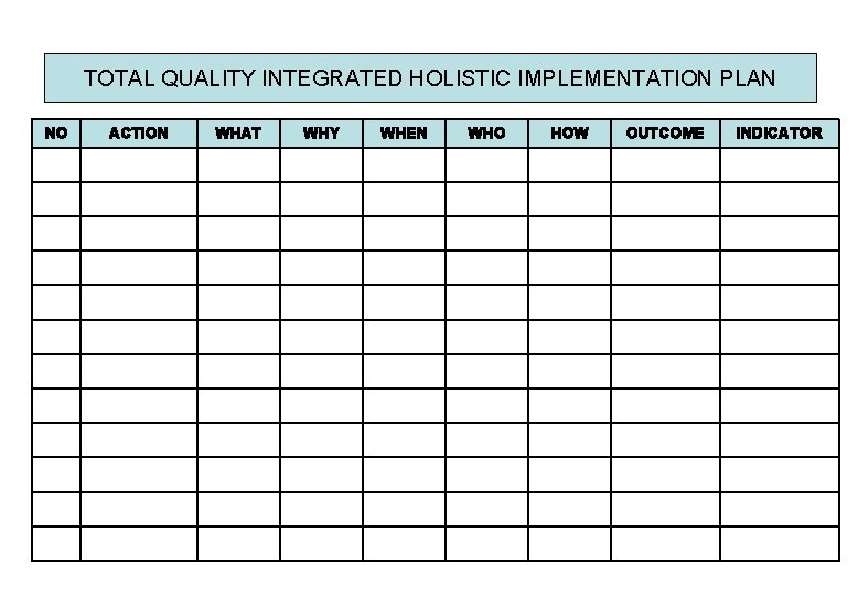 TOTAL QUALITY INTEGRATED HOLISTIC IMPLEMENTATION PLAN NO ACTION WHAT WHY WHEN WHO HOW OUTCOME