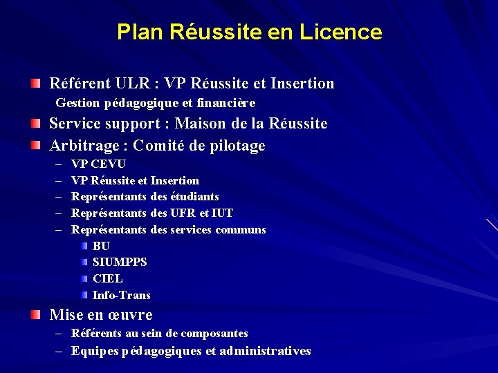 Plan Réussite en Licence Référent ULR : VP Réussite et Insertion Gestion pédagogique et