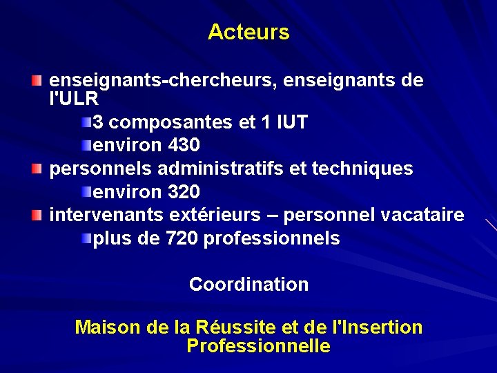 Acteurs enseignants-chercheurs, enseignants de l'ULR 3 composantes et 1 IUT environ 430 personnels administratifs