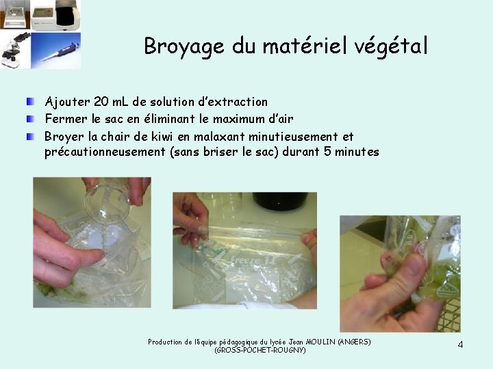 Broyage du matériel végétal Ajouter 20 m. L de solution d’extraction Fermer le sac Broyage du matériel végétal Ajouter 20 m. L de solution d’extraction Fermer le sac