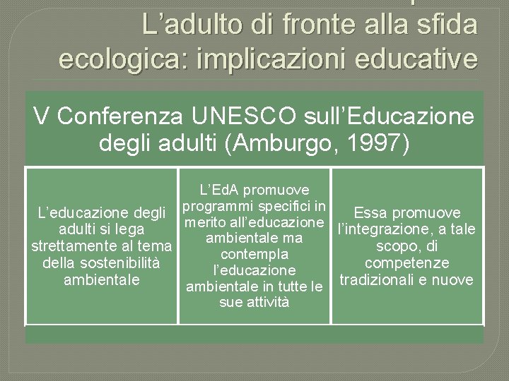 Primo Capitolo L’adulto di fronte alla sfida ecologica: implicazioni educative V Conferenza UNESCO sull’Educazione