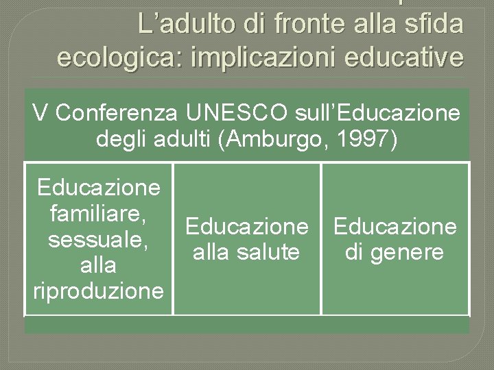 Primo Capitolo L’adulto di fronte alla sfida ecologica: implicazioni educative V Conferenza UNESCO sull’Educazione