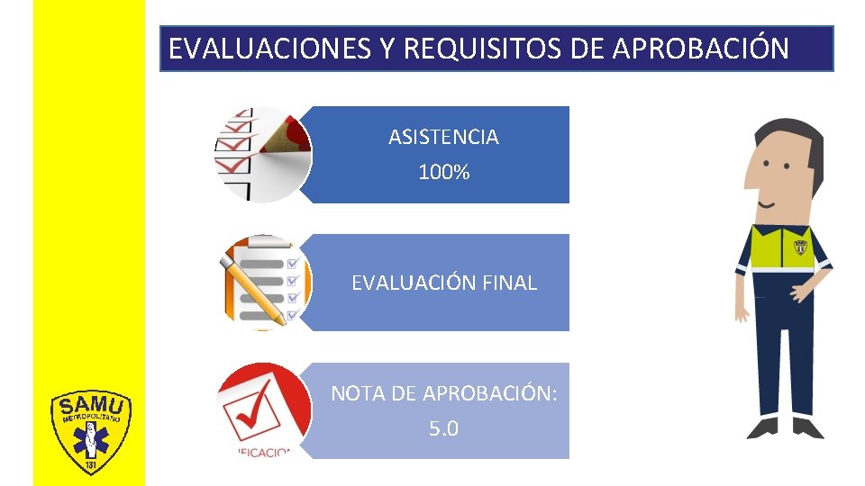 EVALUACIONES Y REQUISITOS DE APROBACIÓN ASISTENCIA 100% EVALUACIÓN FINAL NOTA DE APROBACIÓN: 5. 0