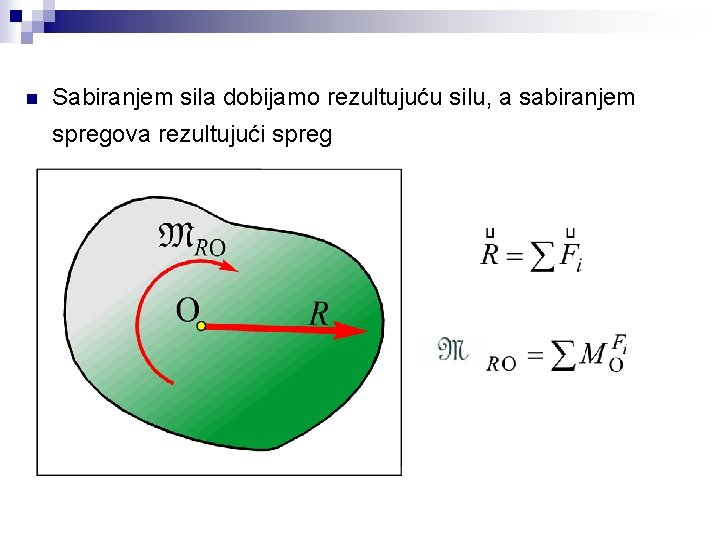 n Sabiranjem sila dobijamo rezultujuću silu, a sabiranjem spregova rezultujući spreg 