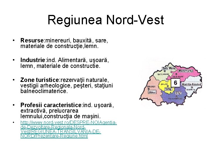 Regiunea Nord-Vest • Resurse: minereuri, bauxită, sare, materiale de construcţie, lemn. • Industrie: ind.