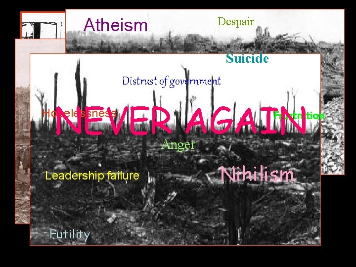 Despair Atheism Suicide Distrust of government NEVER AGAIN Hopelessness Frustration Anger Leadership failure Futility