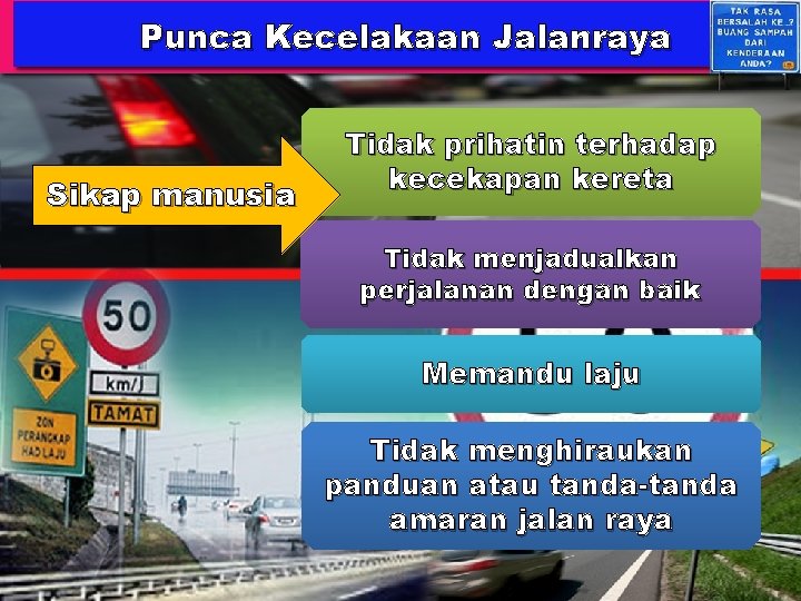 Punca Kecelakaan Jalanraya Sikap manusia Tidak prihatin terhadap kecekapan kereta Tidak menjadualkan perjalanan dengan