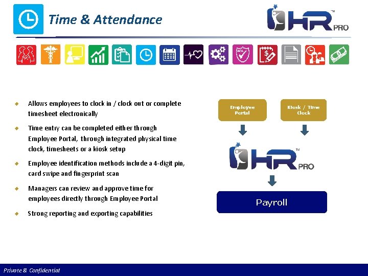 Time & Attendance u Allows employees to clock in / clock out or complete