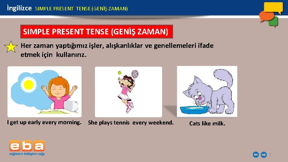 İngilizce SIMPLE PRESENT TENSE (GENİŞ ZAMAN) Her zaman yaptığımız işler, alışkanlıklar ve genellemeleri ifade